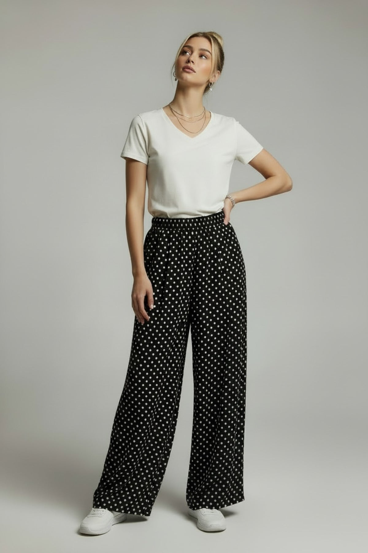 Bethany Women's Viscose High Waist Palazzo Pants - Black with White Polka Dots