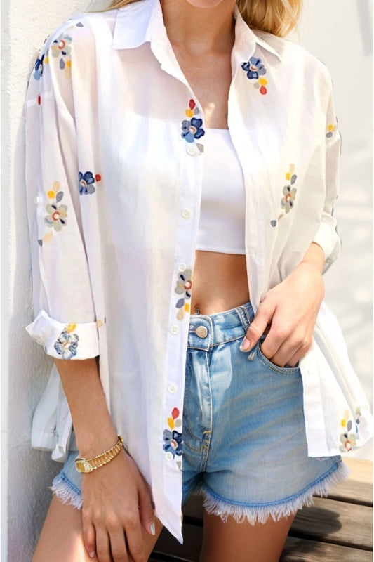 Camille Women's Cotton Bird Embroidered Shirt - Floral Embroidery