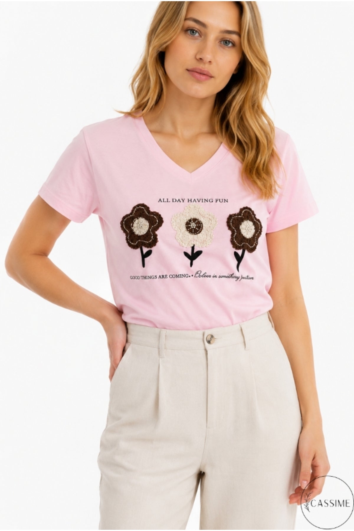 Emma Women's Cotton Embellished T-Shirt - Pink Floral Embroidery