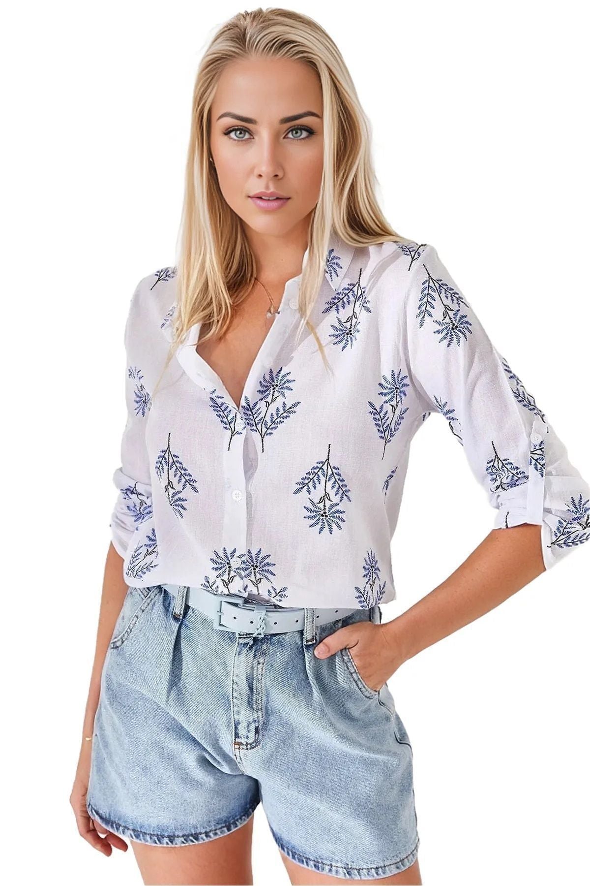Robyn Women's Cotton Blend Roll-Sleeve Button-Up Shirt - Blue Pinwheel