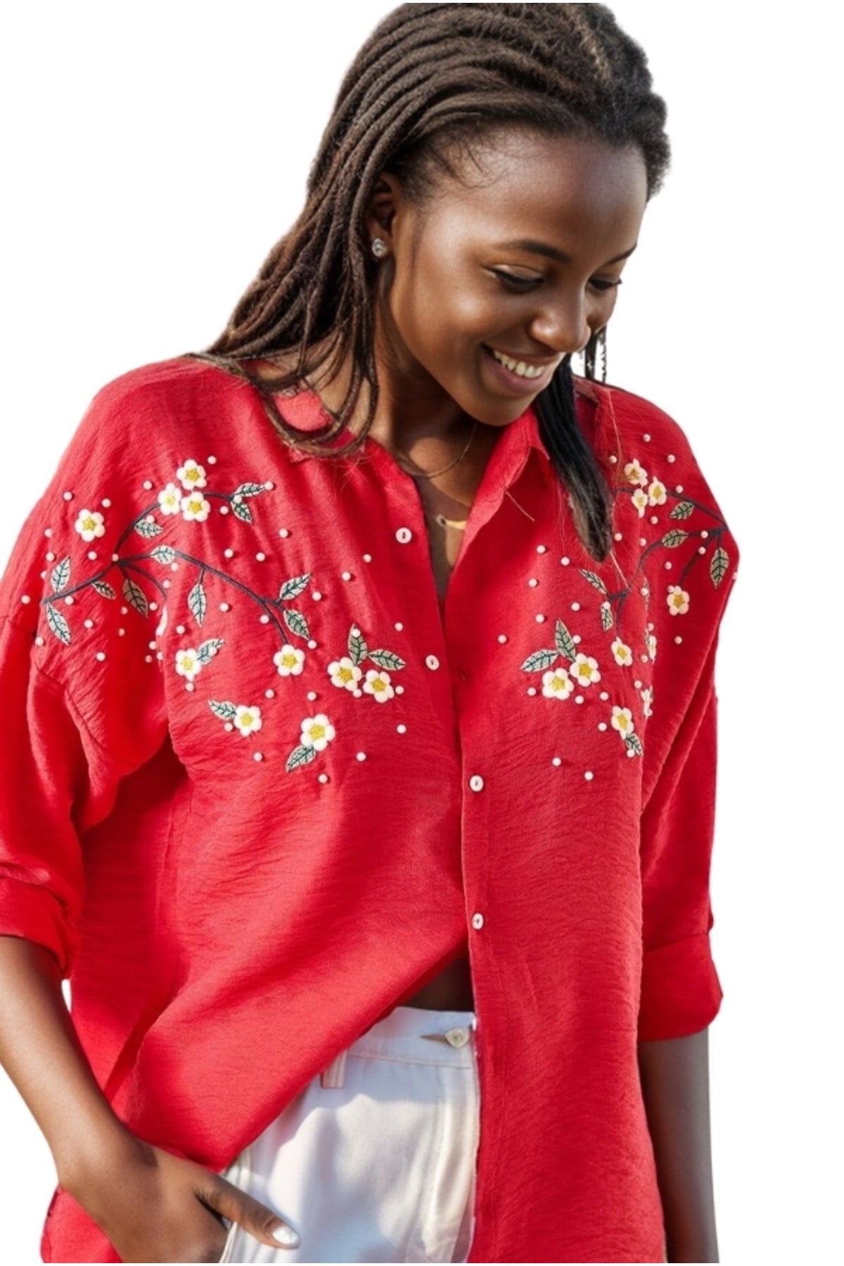 Nell Women's Daisy Embroidered Oversized Shirt - Red