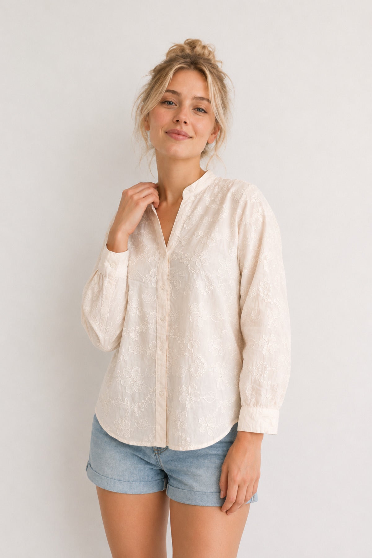 Isla Women's Cotton Embroidered Relaxed Fit Shirt - Light Pink