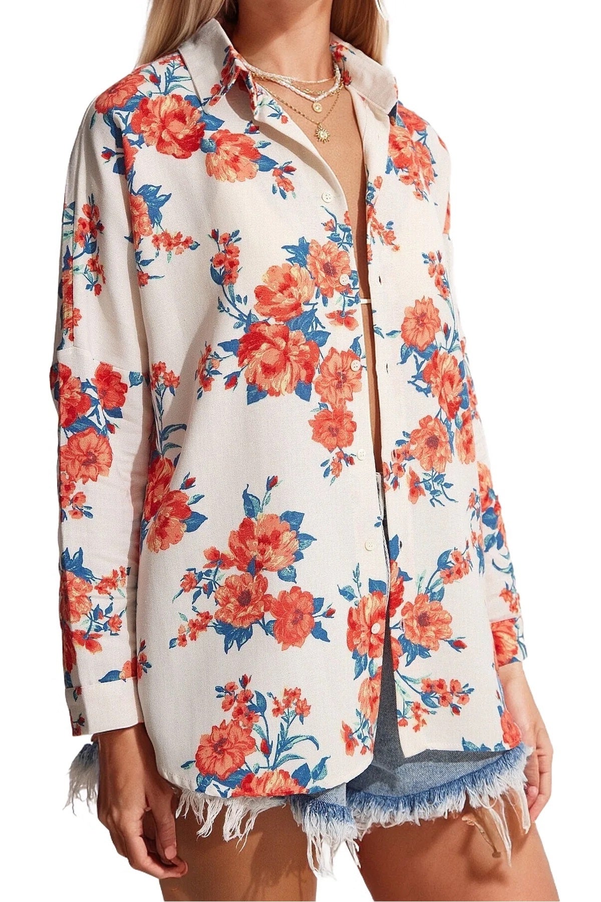 Emilia Women's Linen-Viscose Blend Oversized Printed Shirt - Bright Orange Floral