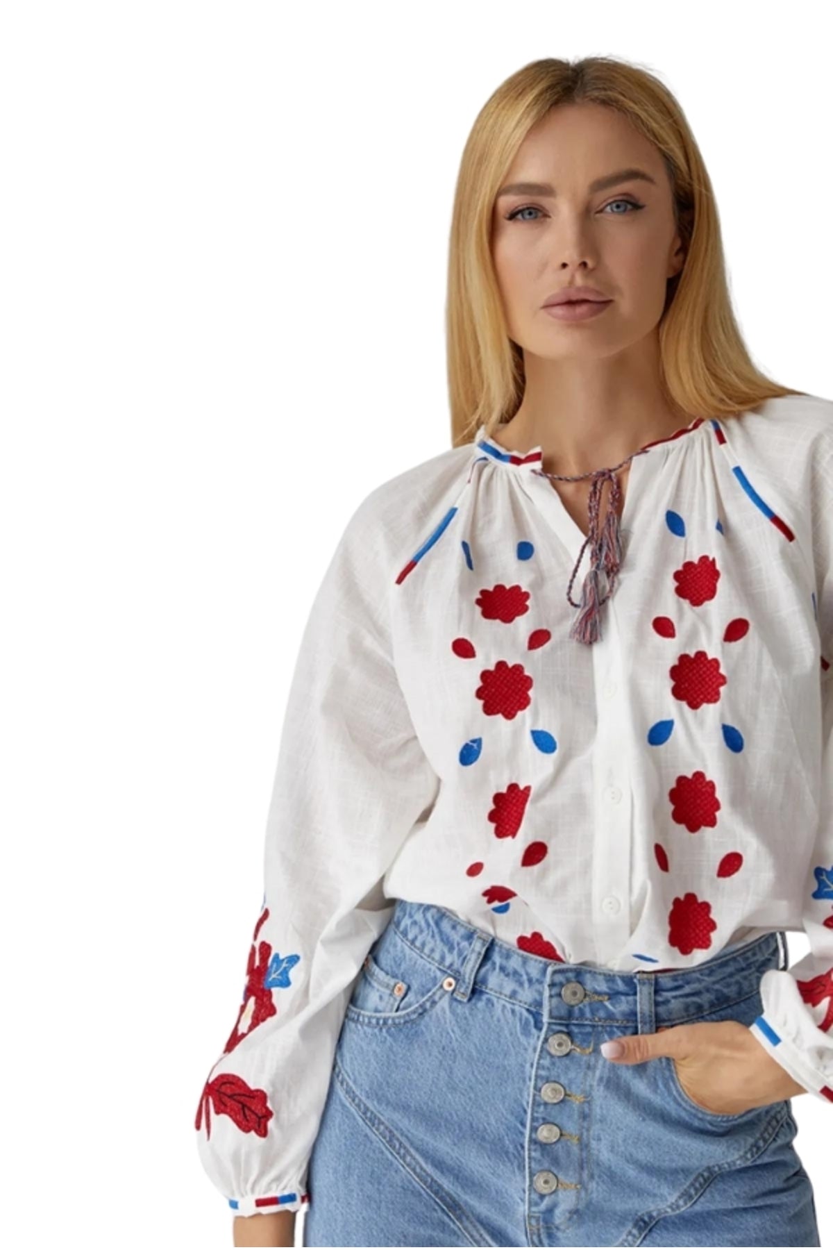 Sylvia Women's Cotton Floral Embroidered Blouse - White with Red and Blue Floral Embroidery