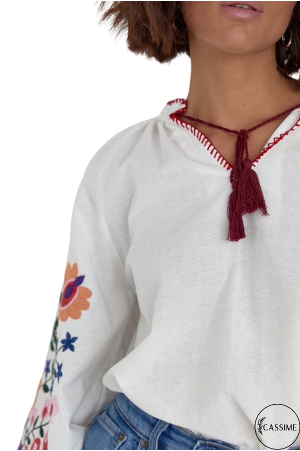 Edith Women's Cotton Floral Embroidered Balloon Sleeve Blouse - White with Multicolor Floral Embroidery
