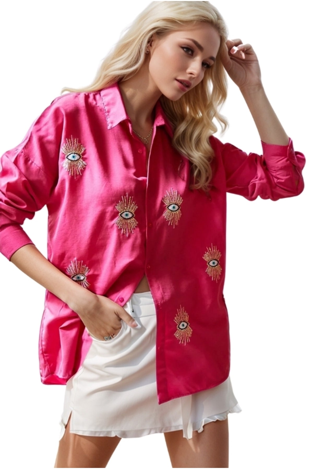 Maisie Women's Evil Eye Sequin Shirt - Fuchsia