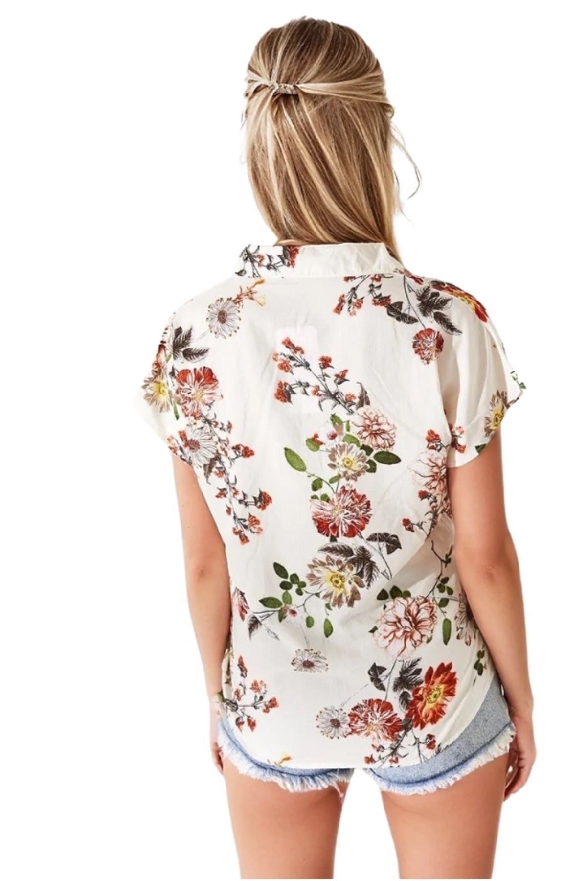 Charlotte Women's Short Sleeve Batwing Shirt - Off-White Floral Print