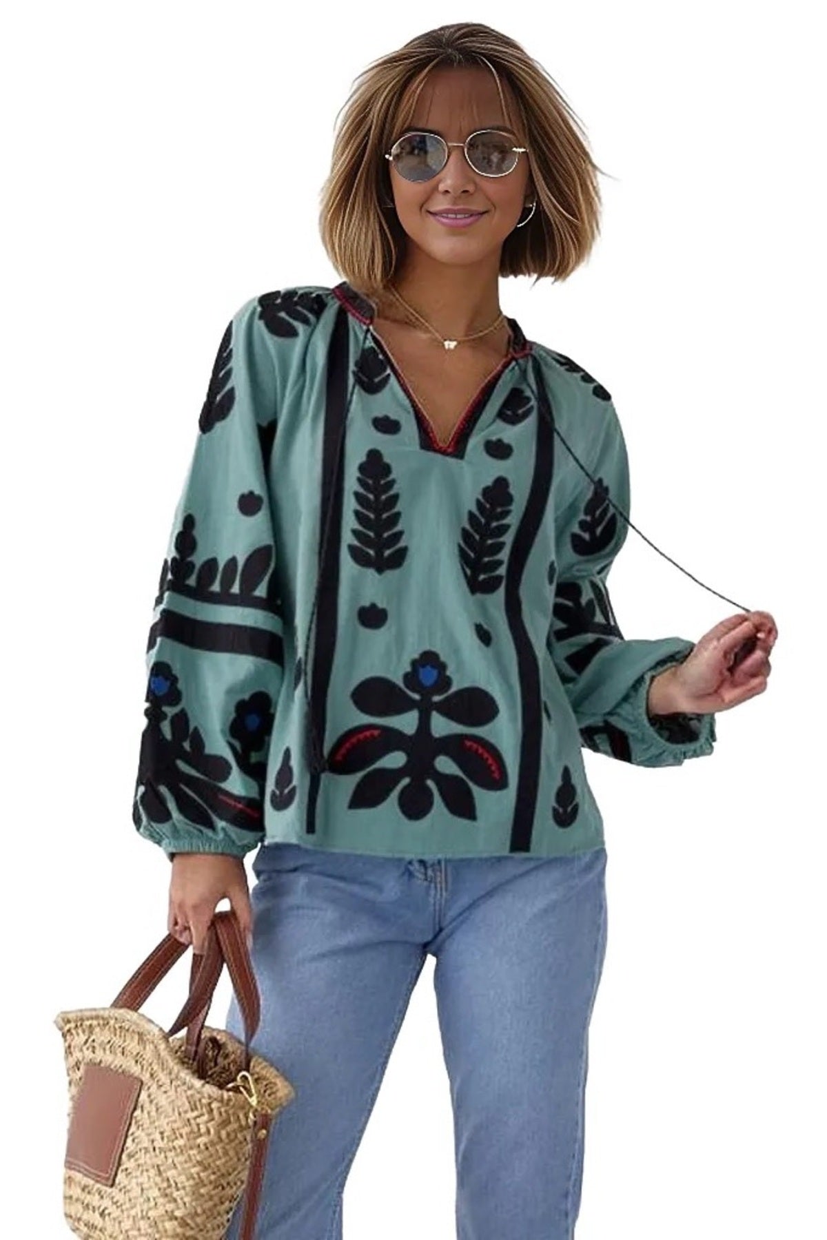 Paige Women's Cotton Embroidered Long Sleeve Woven Blouse - White with Mint and Black Embroidery
