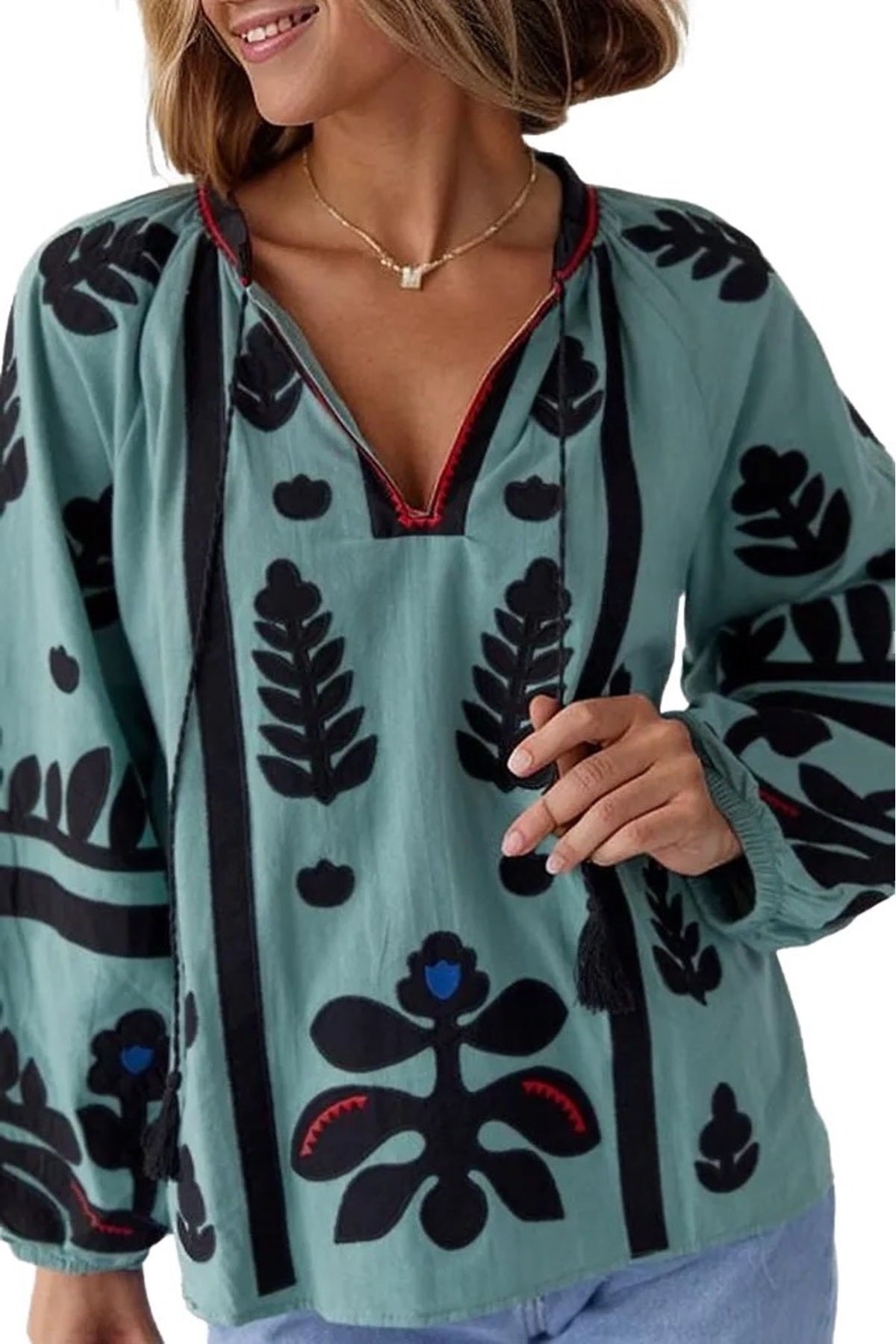 Paige Women's Cotton Embroidered Long Sleeve Woven Blouse - White with Mint and Black Embroidery