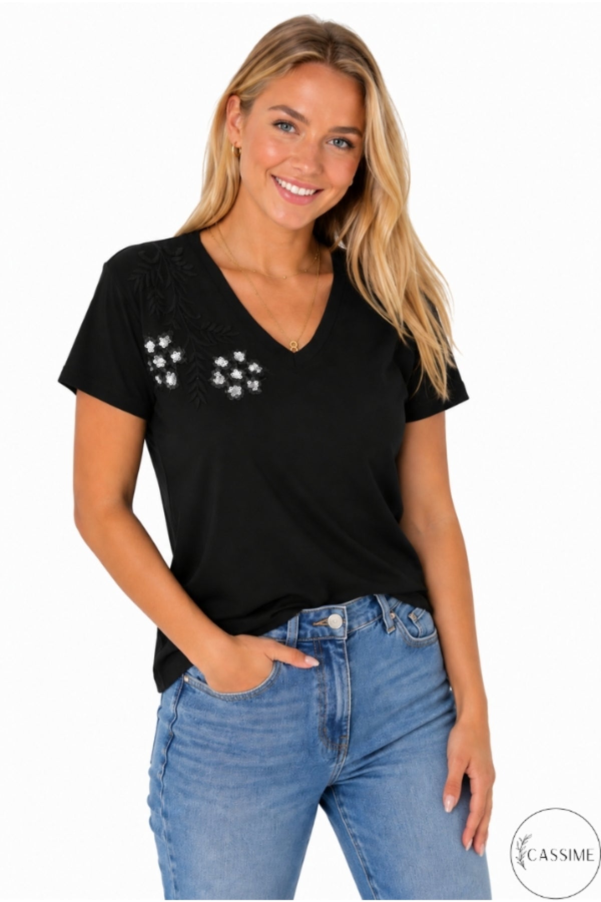 Emma Women's Cotton Embellished T-Shirt - Black with Floral Shoulder Sequins