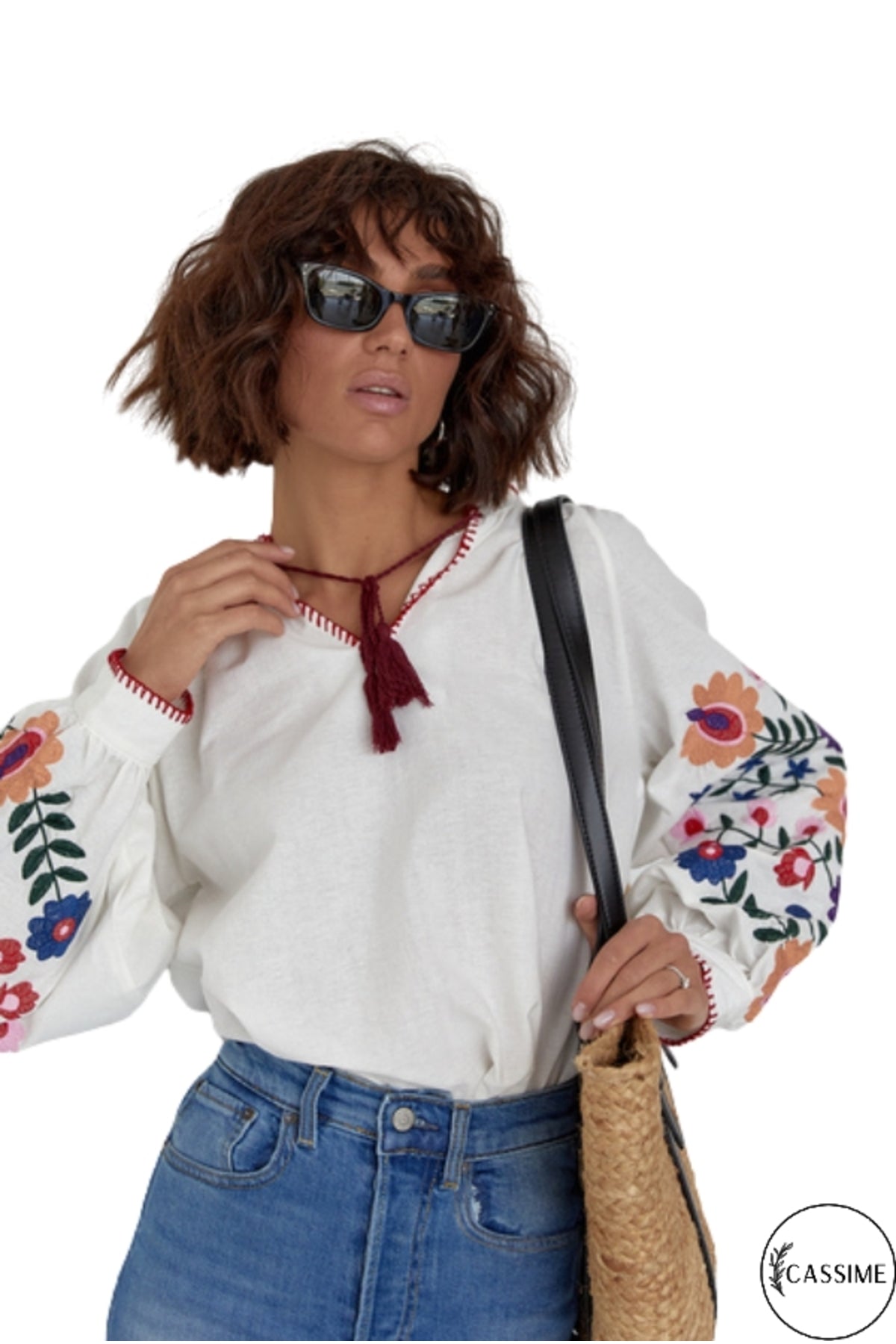 Edith Women's Cotton Floral Embroidered Balloon Sleeve Blouse - White with Multicolor Floral Embroidery
