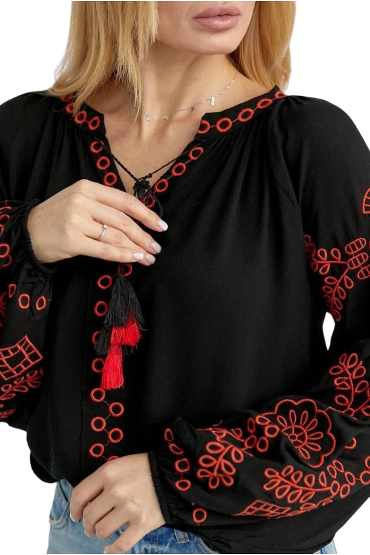 Tabitha Women's Cotton Blend Boho Embroidered Tassel Blouse - Black with Red Embroidery