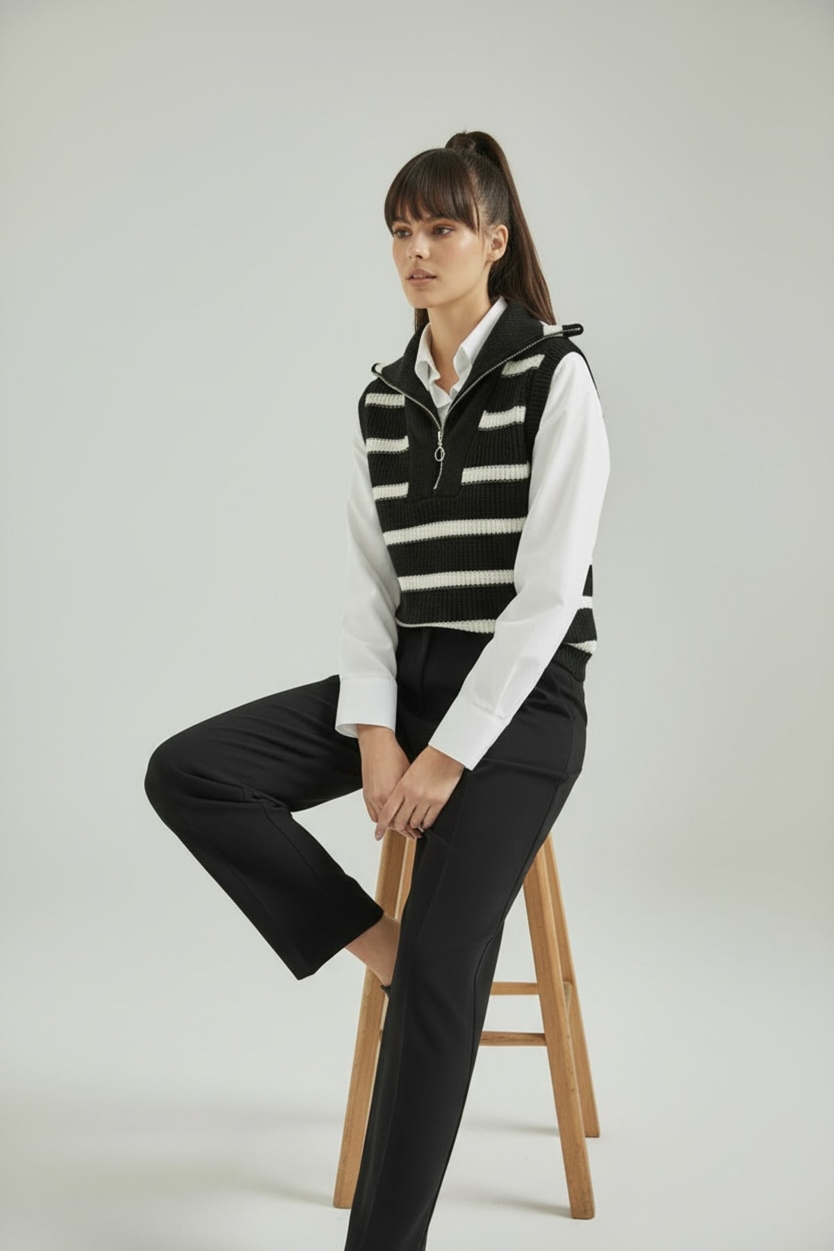 Beatrice Women's Striped Zip-Neck Sweater Vest - Black and White