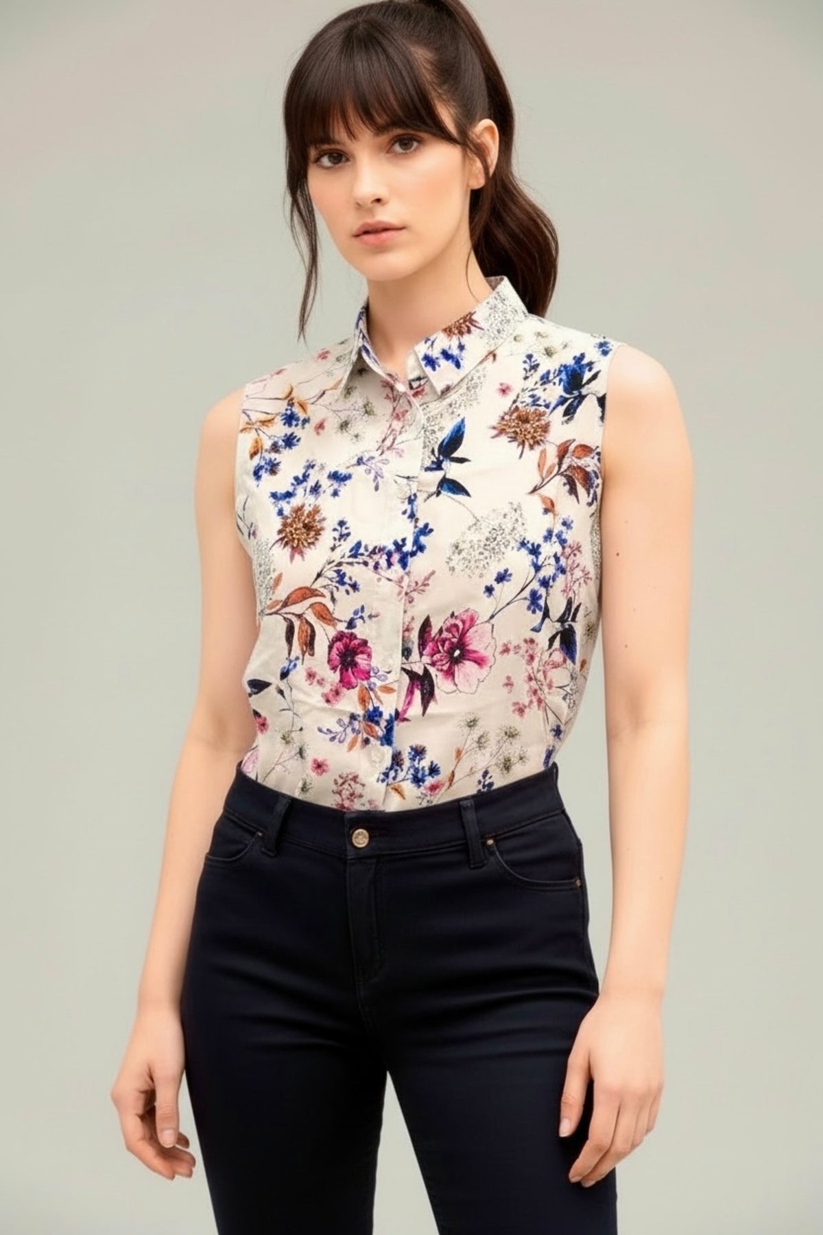 Daisy Women's Sleeveless Button-Up Shirt - Ecru and Purple Floral