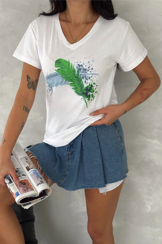 Camiseta Tilda de Algodón con Lentejuelas de Hojas y Manga Corta - Negra