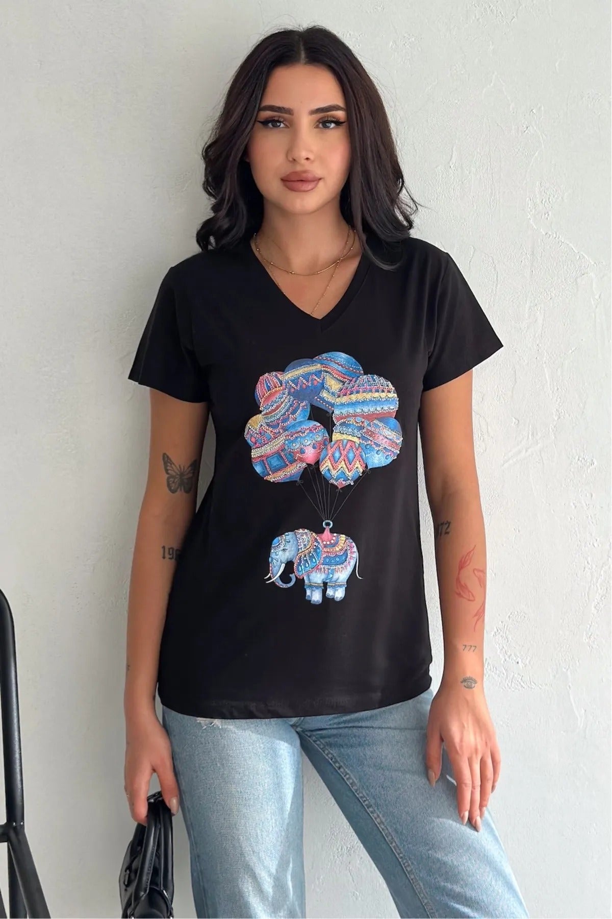 Tilda Black Elephant Balloon Sequin Cotton Short Sleeve T-Shirt