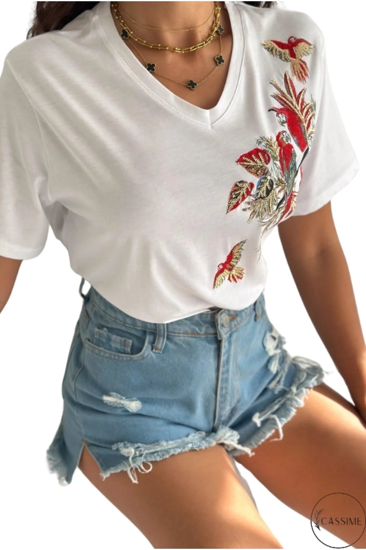 Camiseta de algodón Tilda con diseño floral de loros blancos