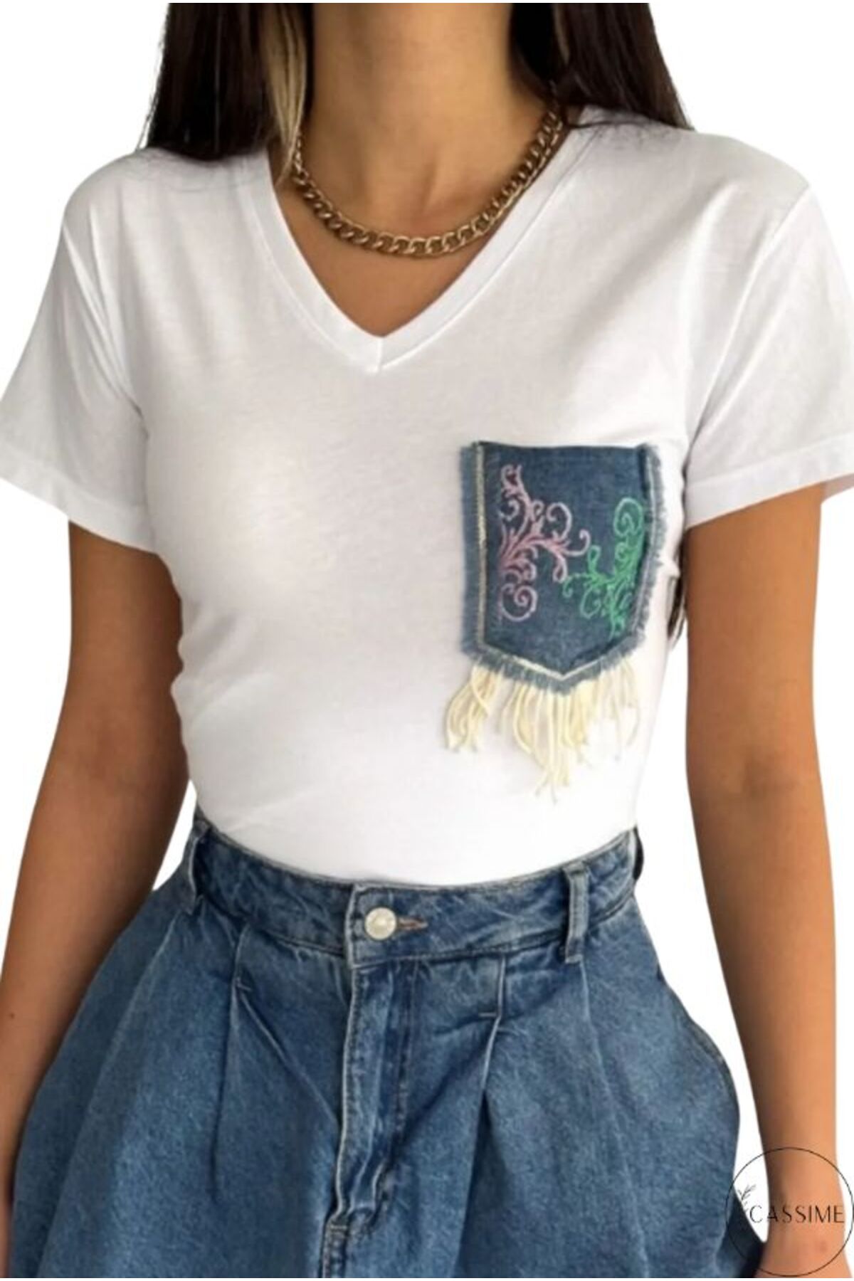 Olivia Women's Cotton Plus Size Embellished V-Neck T-Shirt - White with Denim Pocket