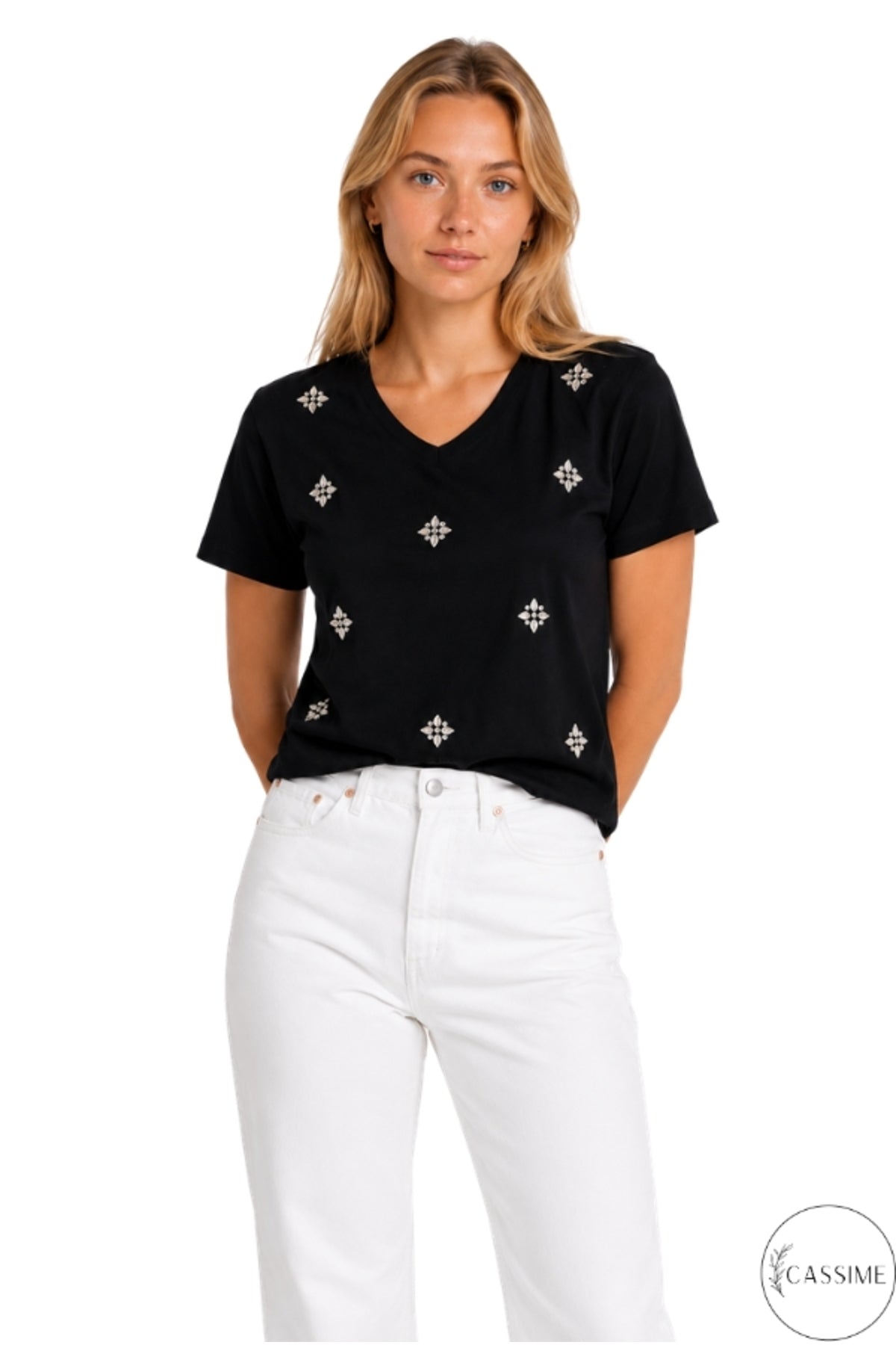 Emma Women's Cotton Embellished T-Shirt - Multicolor Floral Rhinestones