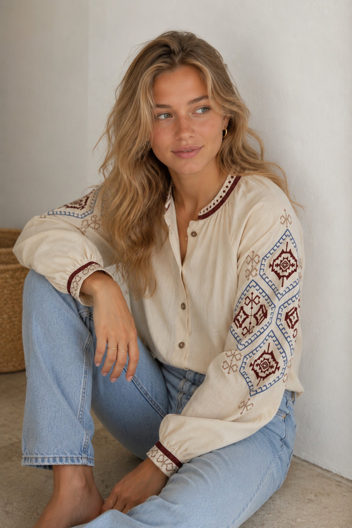 Judith Women's Cotton Vintage Inspired Embroidered Shirt - Beige