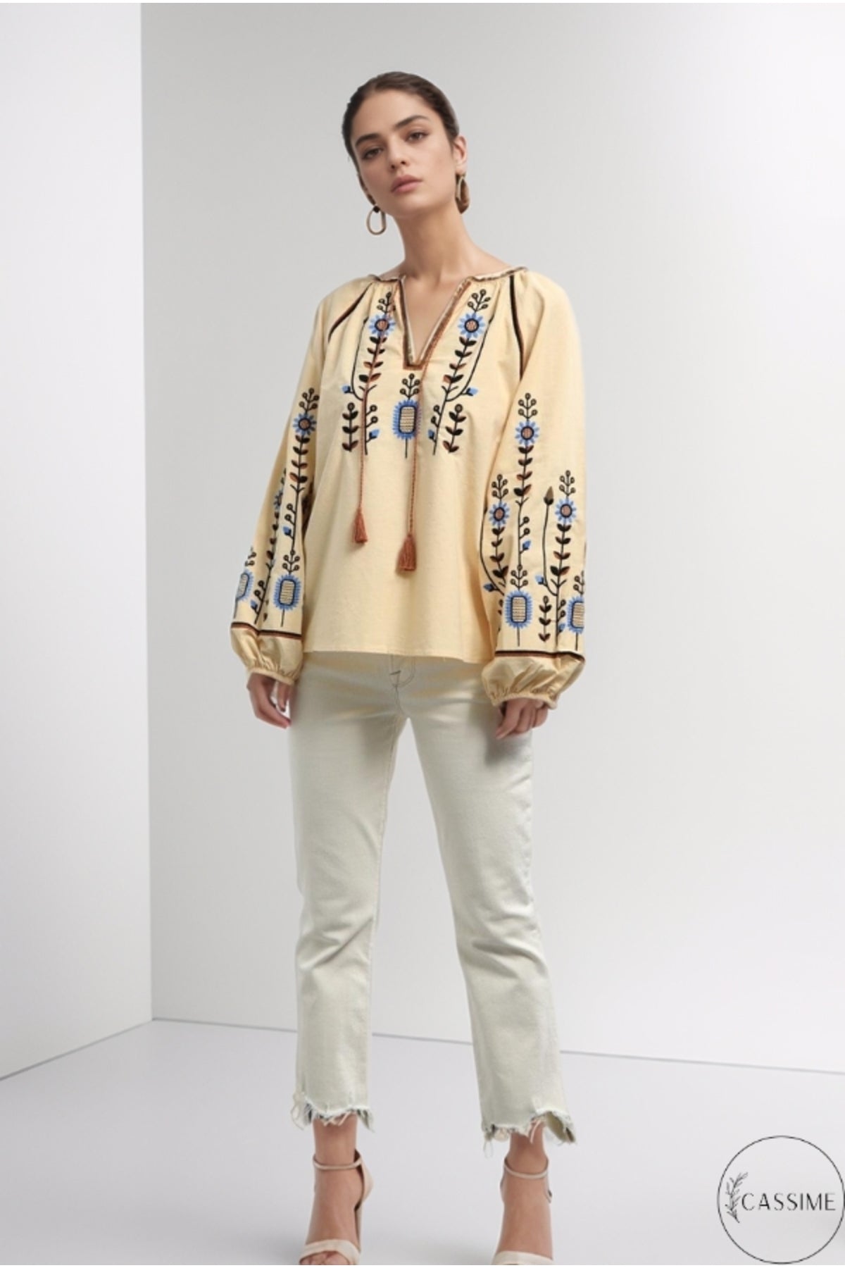 Frances Women's Cotton Embroidered Long Sleeve Blouse - Cream
