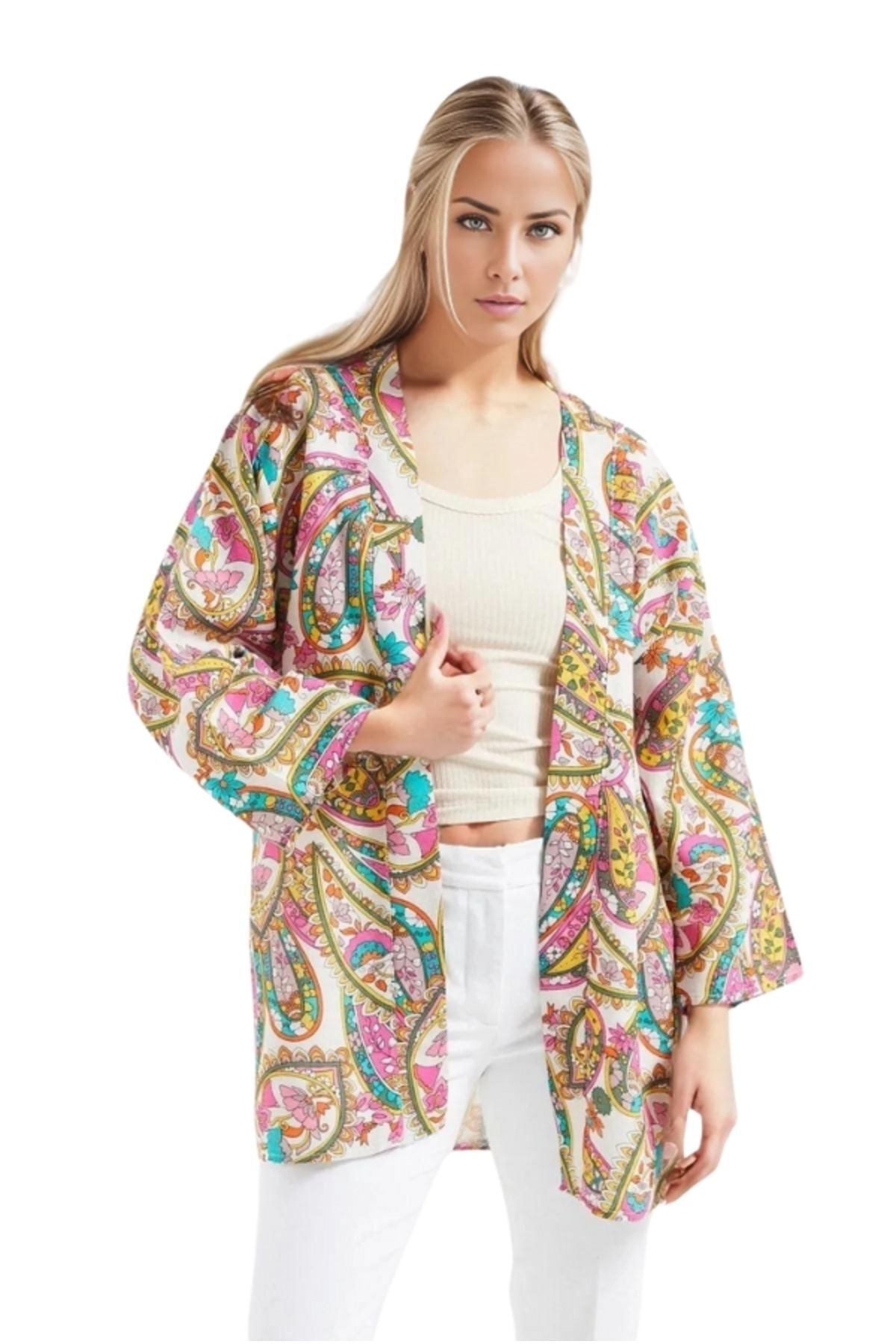 Catherine Women's Linen-Viscose Blend Relaxed Fit Kimono - Multicolor Boho Print