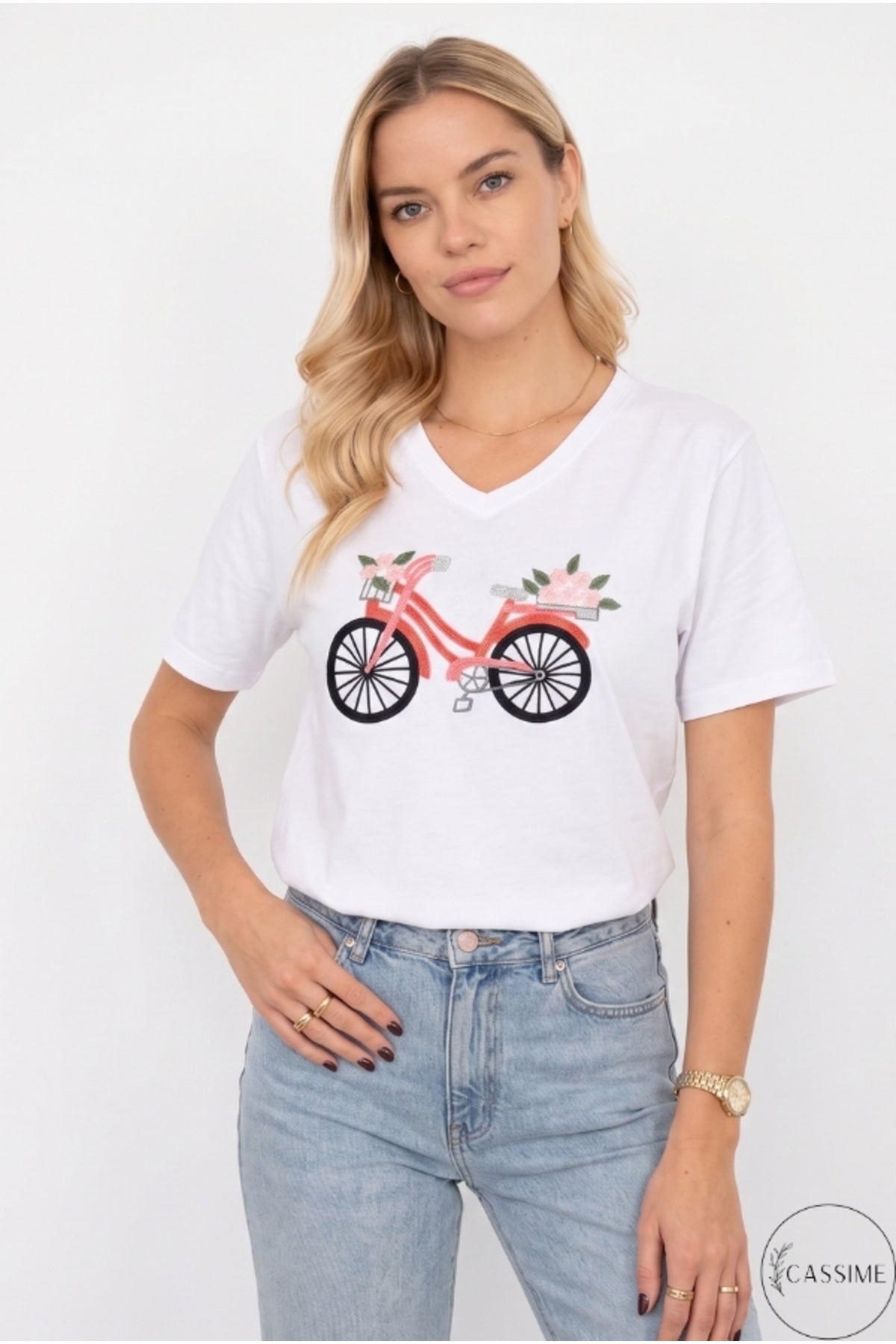 Nora Women's Cotton Plus Size Graphic T-Shirt - White Bicycle Print