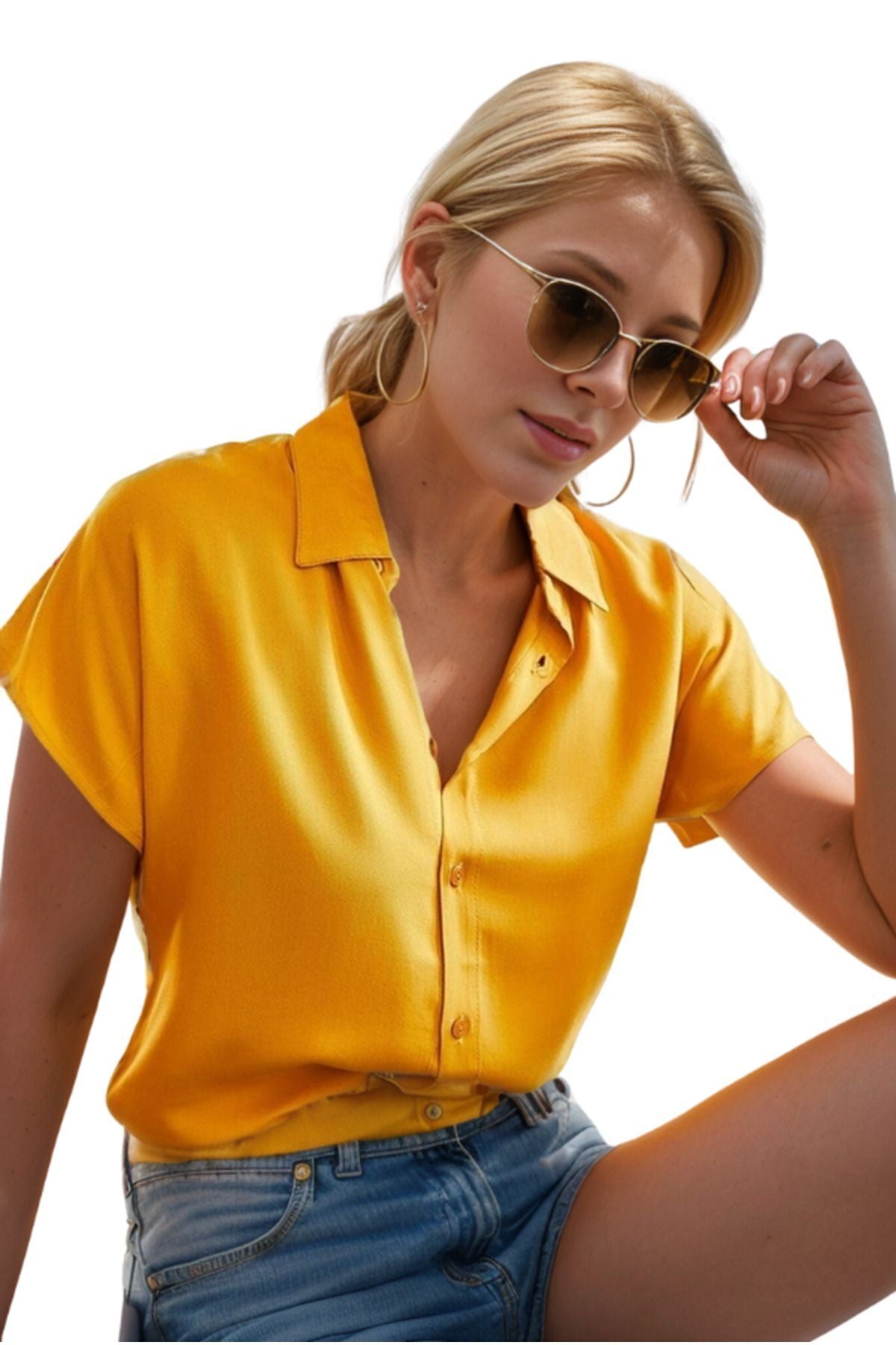 Esme Women's Viscose Short Sleeve Batwing Shirt - Mustard