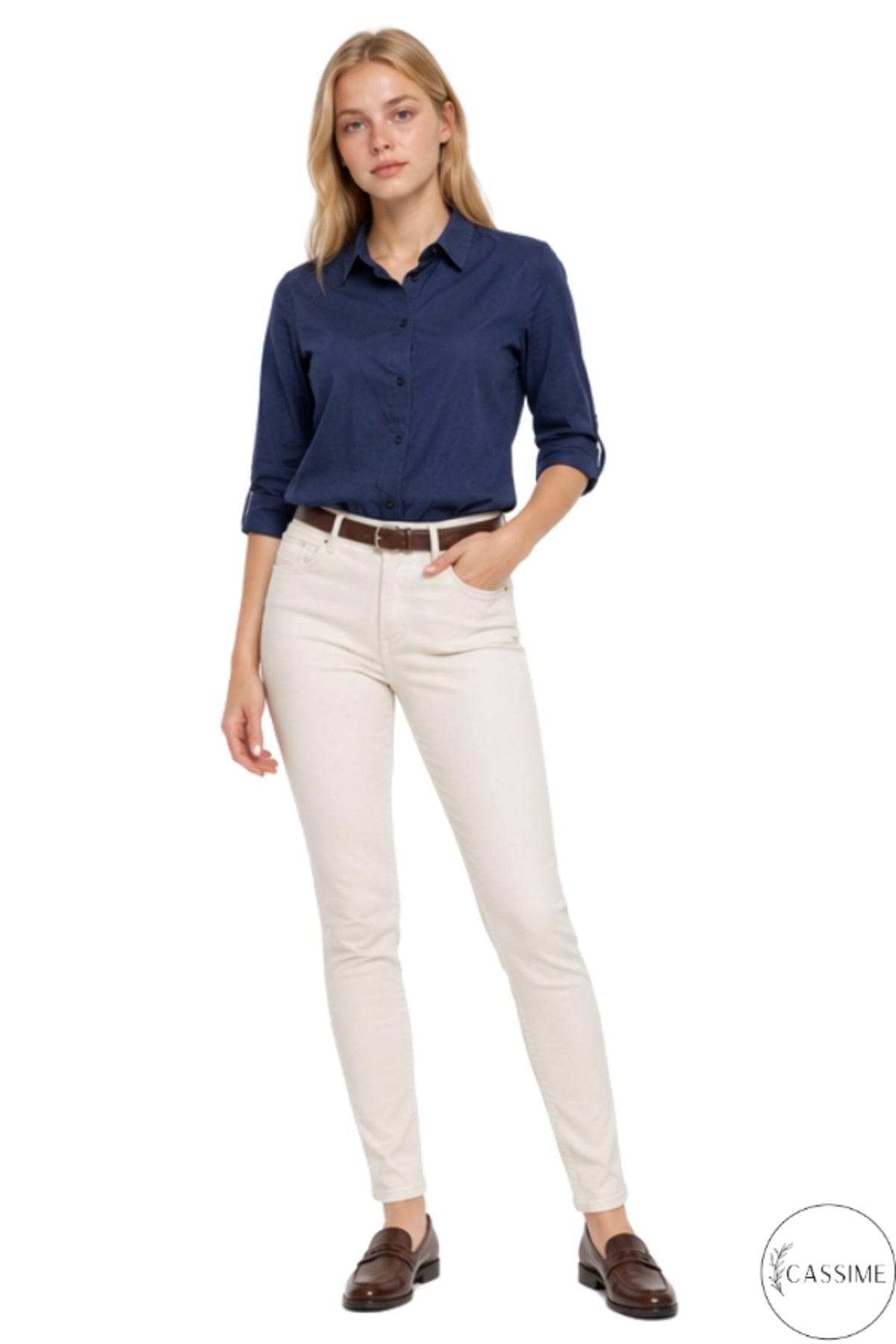 Robyn Women's Linen-Viscose Blend Roll-Sleeve Button-Up Shirt - Navy