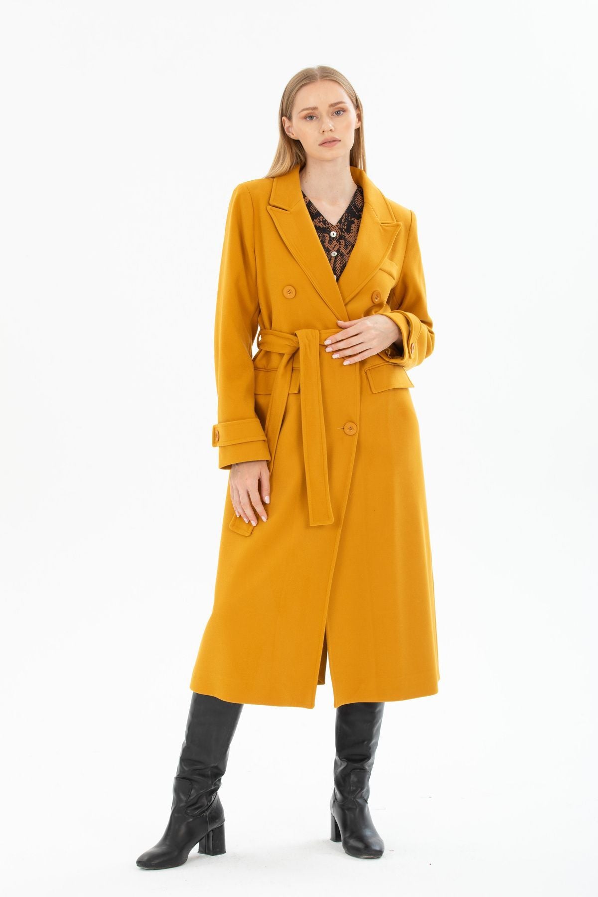 Belinda Women's Belted Notched Collar Coat - Mustard - product image 6