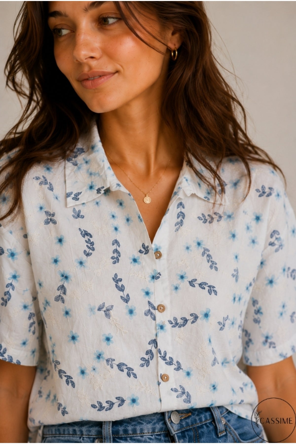 Women's Green & Blue Floral Embroidered Oversized Cotton Shirt - product photo 3
