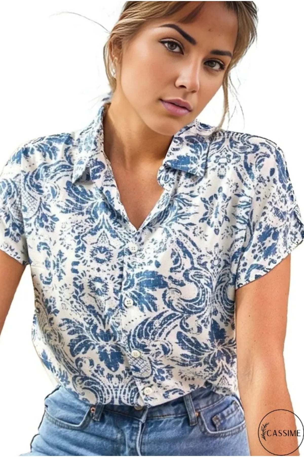 Charlotte Women's Viscose Short Sleeve Batwing Shirt - Blue Boho Floral