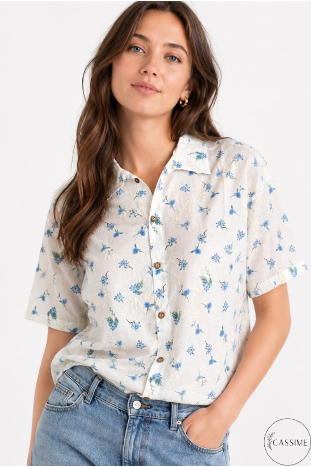 Alice Women's Cotton Floral Short Sleeve Shirt - Ecru with Blue Ditsy Flowers