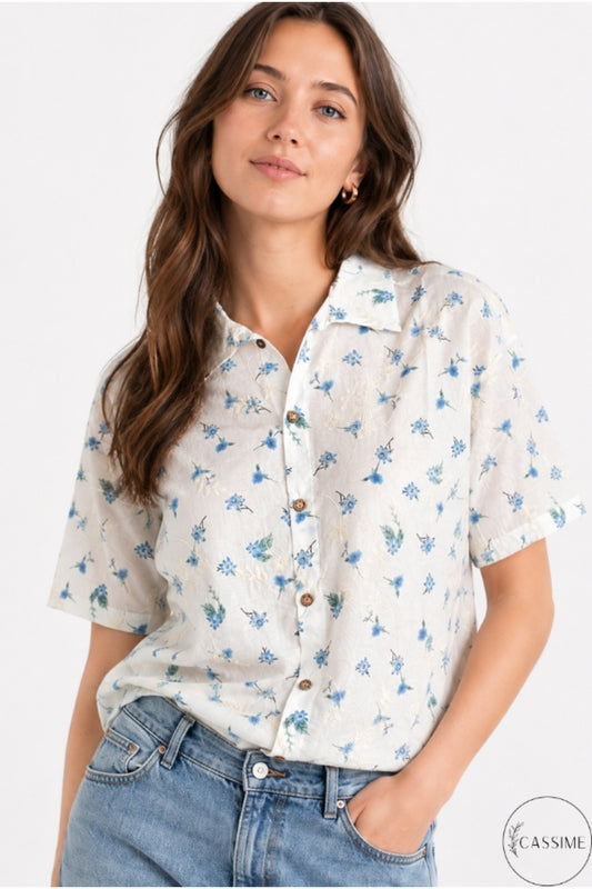 Alice Women's Cotton Floral Short Sleeve Shirt - Ecru with Blue Ditsy Flowers