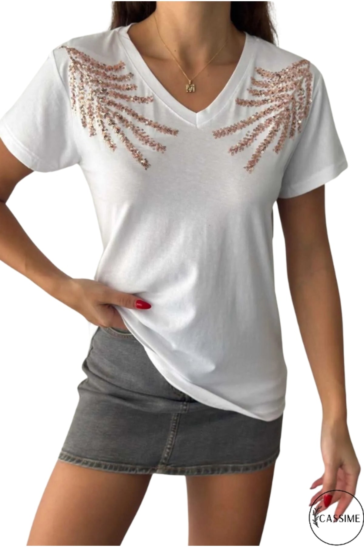 Olivia Women's Cotton Plus Size Embellished V-Neck T-Shirt - White with Palm Tree Embroidery