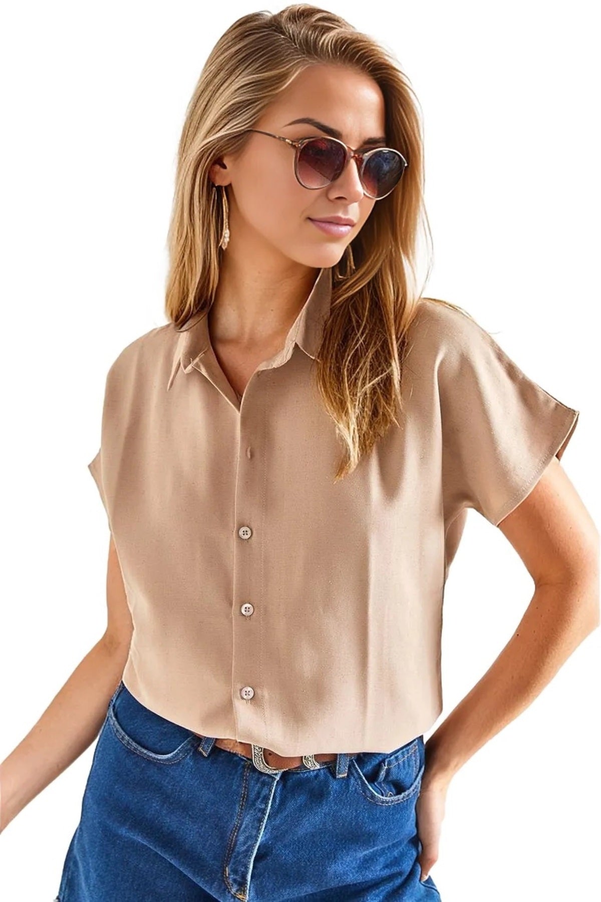 Jocelyn Women's Linen-Viscose Blend Oversized Short Sleeve Batwing Shirt - Beige