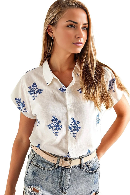 Elizabeth Women's Linen Short Sleeve Batwing Shirt - Blue Floral