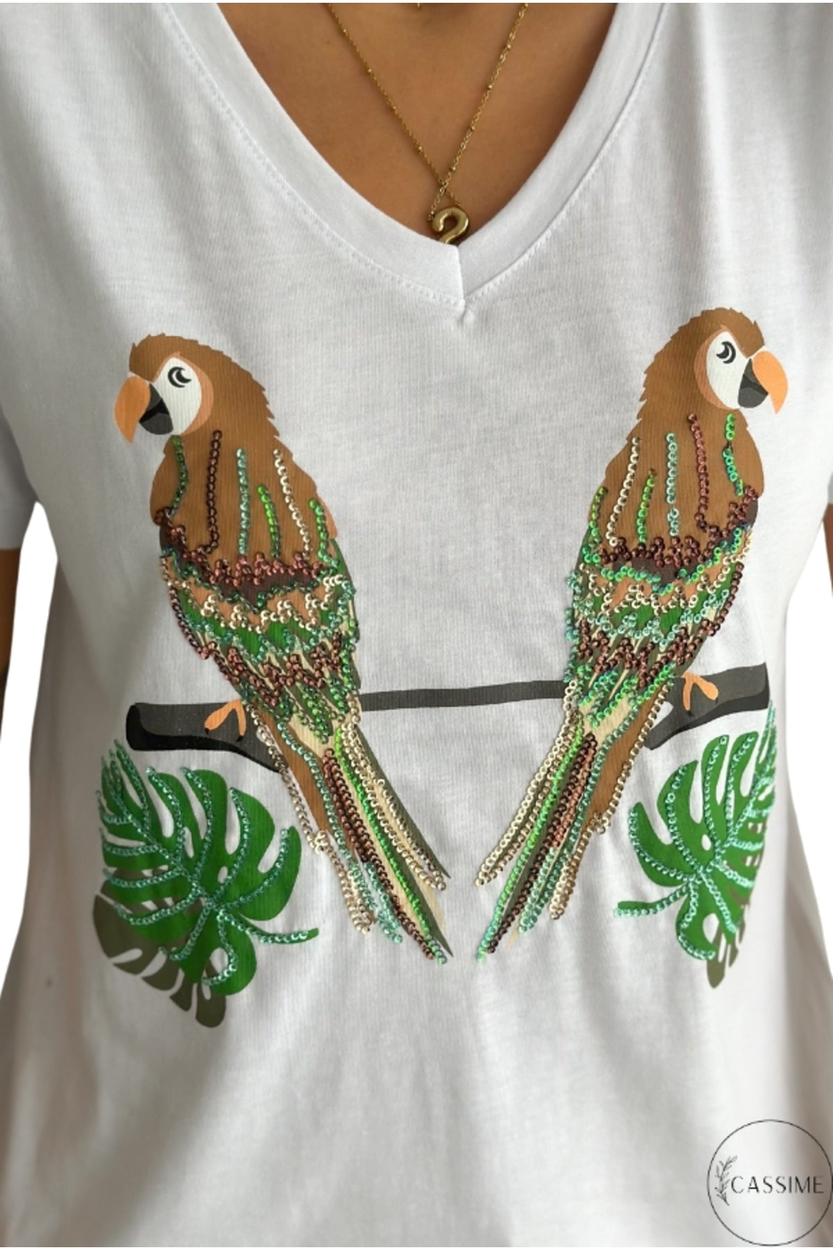 Olivia Women's Cotton Plus Size Embellished V-Neck T-Shirt - White with Parrot and Leaf Sequins