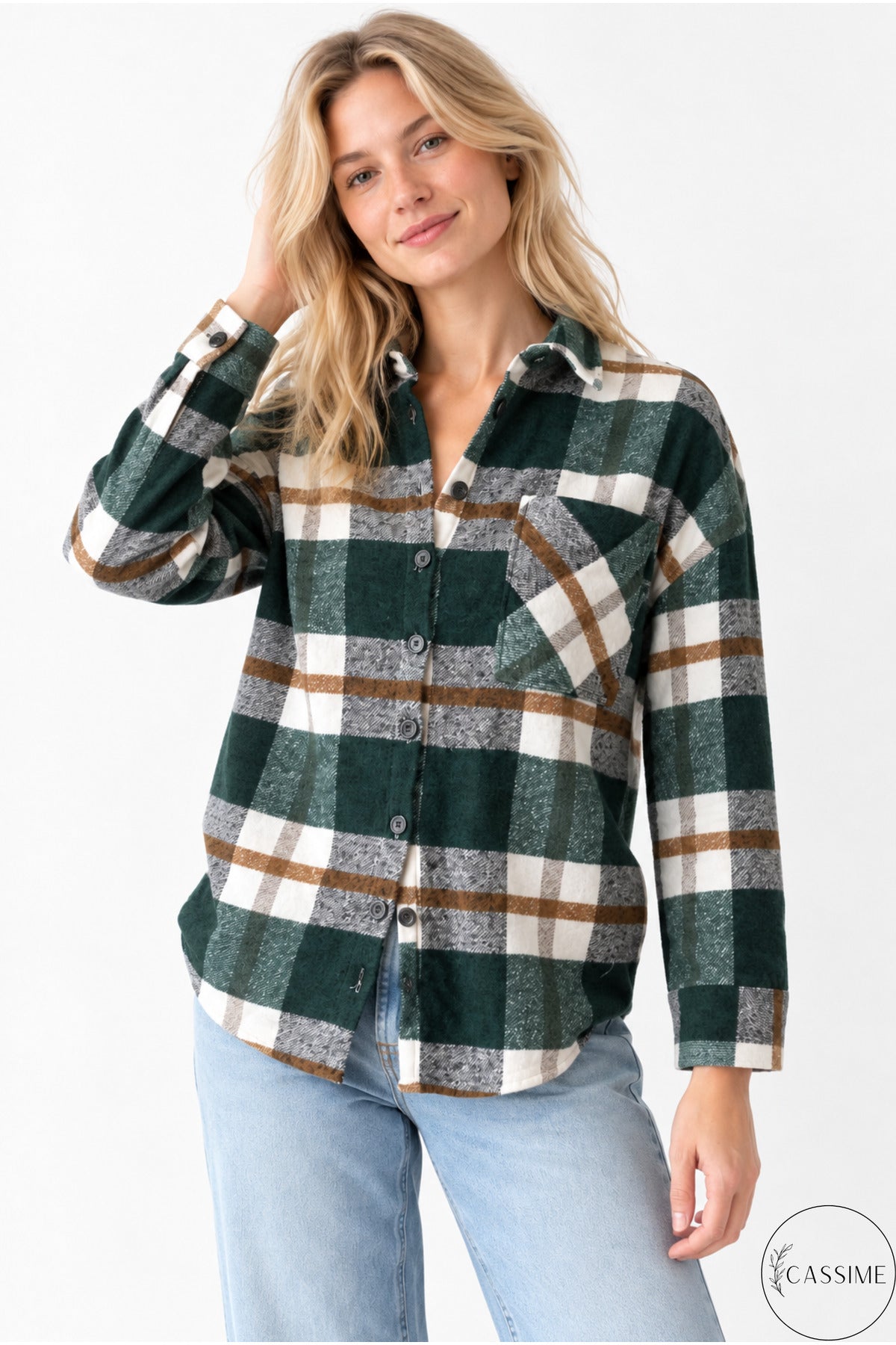 Eleanor Women's Plaid Shacket - Khaki and Brown Striped