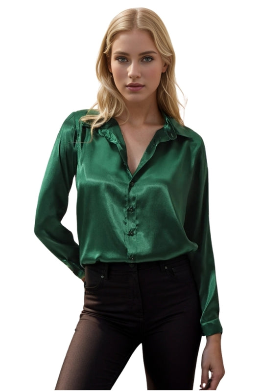 Rebecca Women's Classic Satin Button-Up Shirt - Emerald and Green