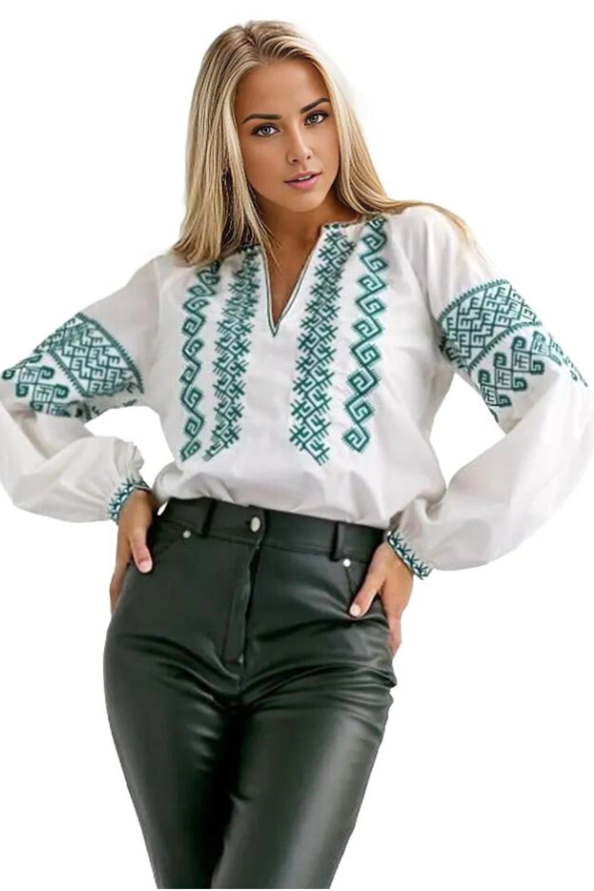 Zoe Women's Boho Embroidered Poplin Blouse - White with Green Embroidery
