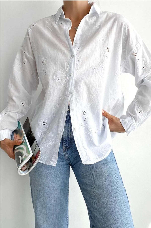 Kristen Women's Cotton Floral Broderie Anglaise Button-Up Shirt - White