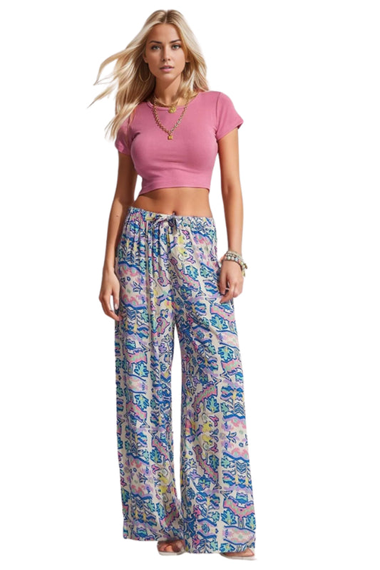 Bethany Women's Viscose High Waist Palazzo Pants - Blue and Pink Print