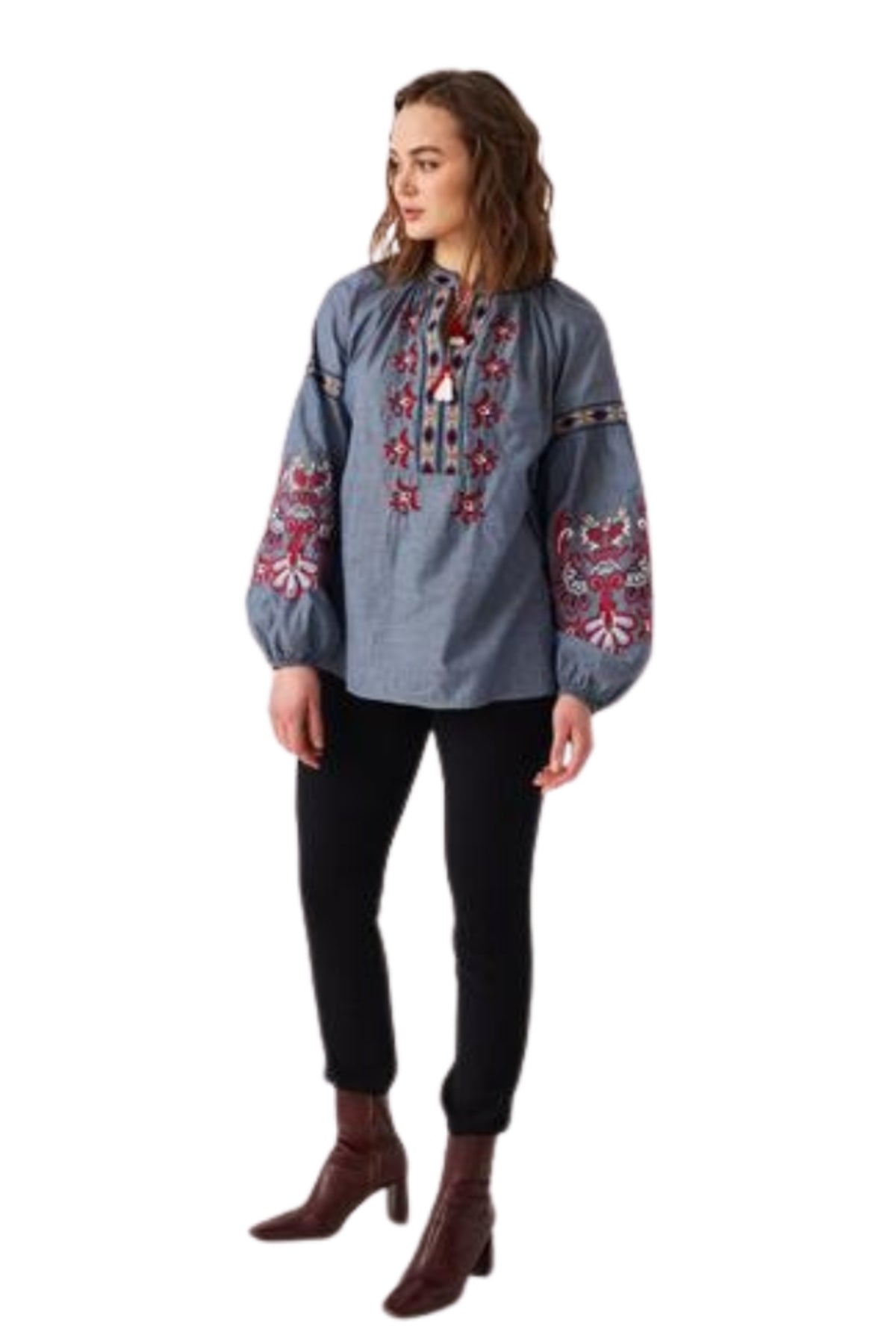 Penelope Women's Cotton Vintage Inspired Embroidered Blouse - Gray