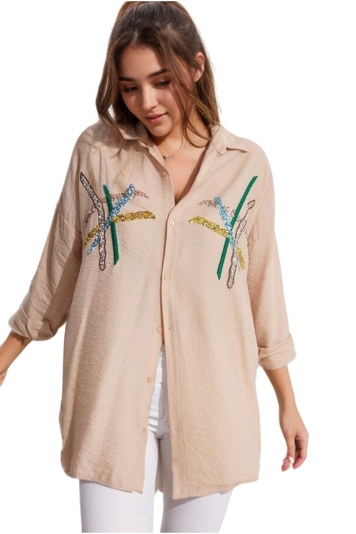 Natasha Women's Embroidered Oversized Shirt - Beige Stripe Print