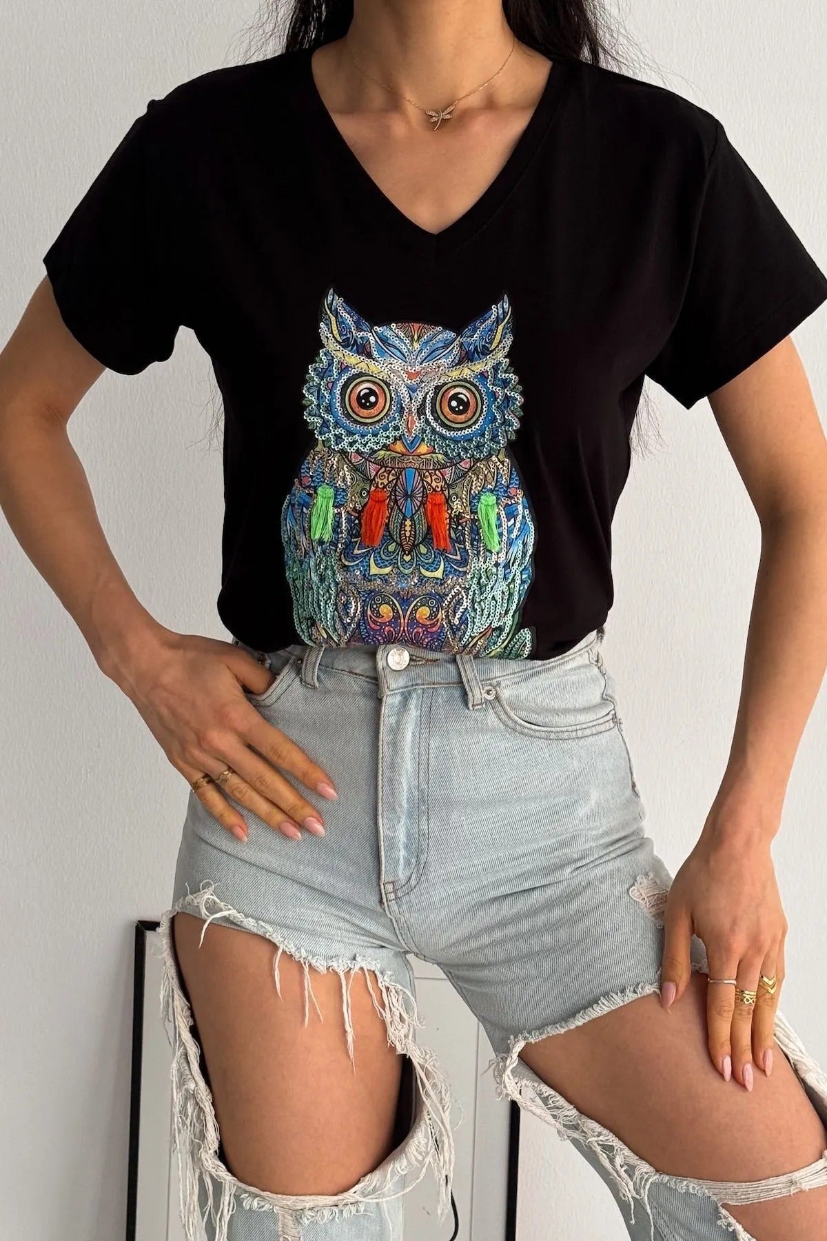 Tilda Black Owl Floral Design Cotton T-shirt
