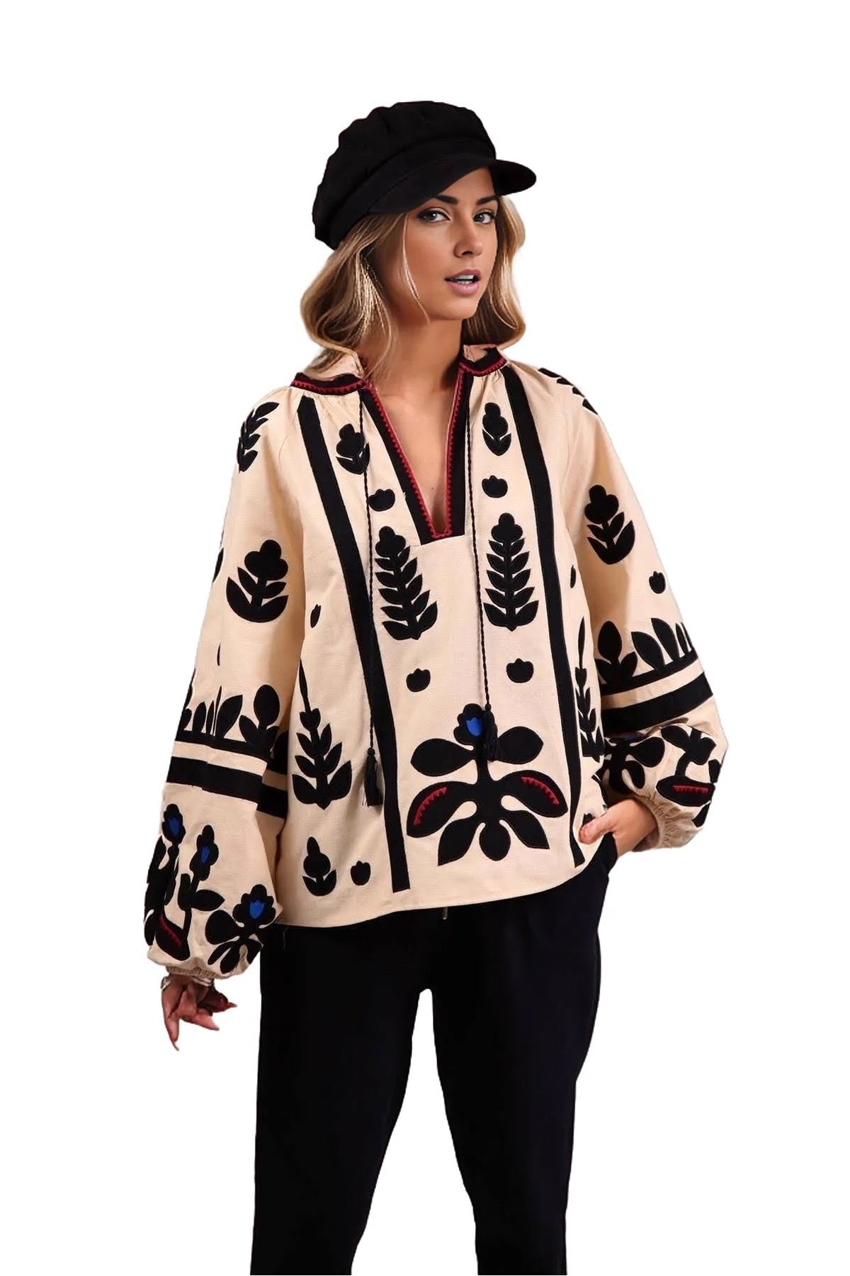 Paige Women's Cotton Embroidered Long Sleeve Woven Blouse - White with Beige Embroidery