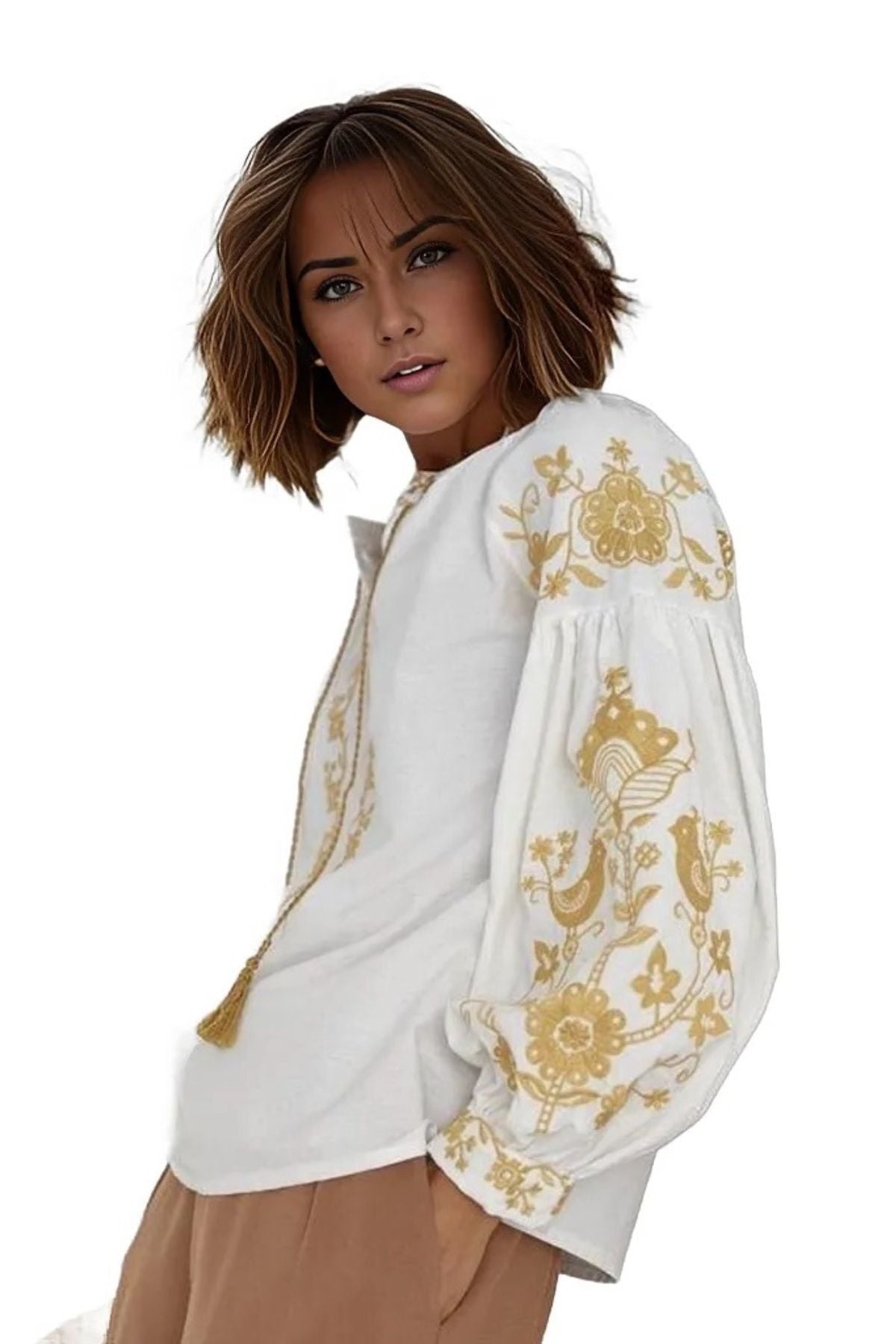 Autumn Women's Bird and Floral Embroidered Tassel Blouse - White