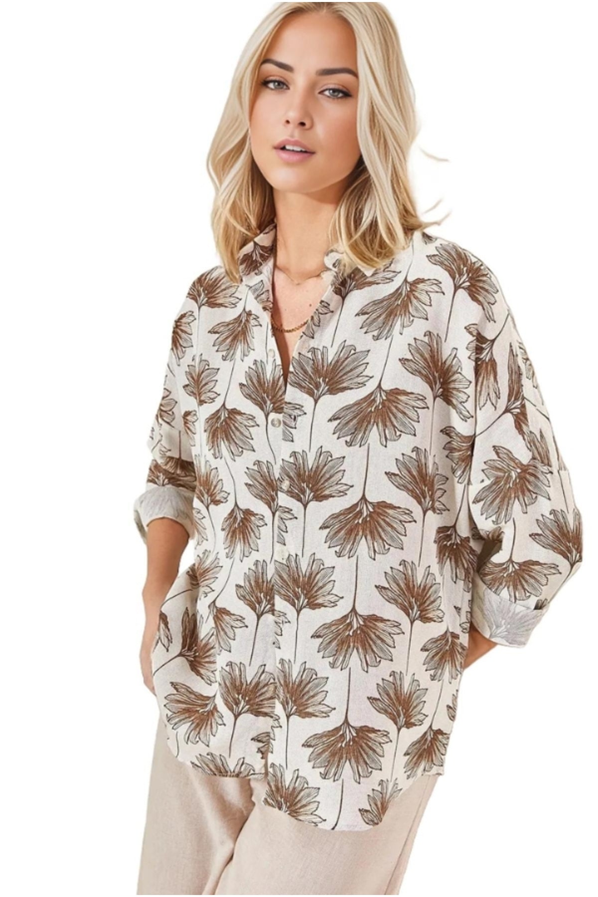 Emilia Women's Linen-Viscose Blend Oversized Printed Shirt - Brown Ginkgo
