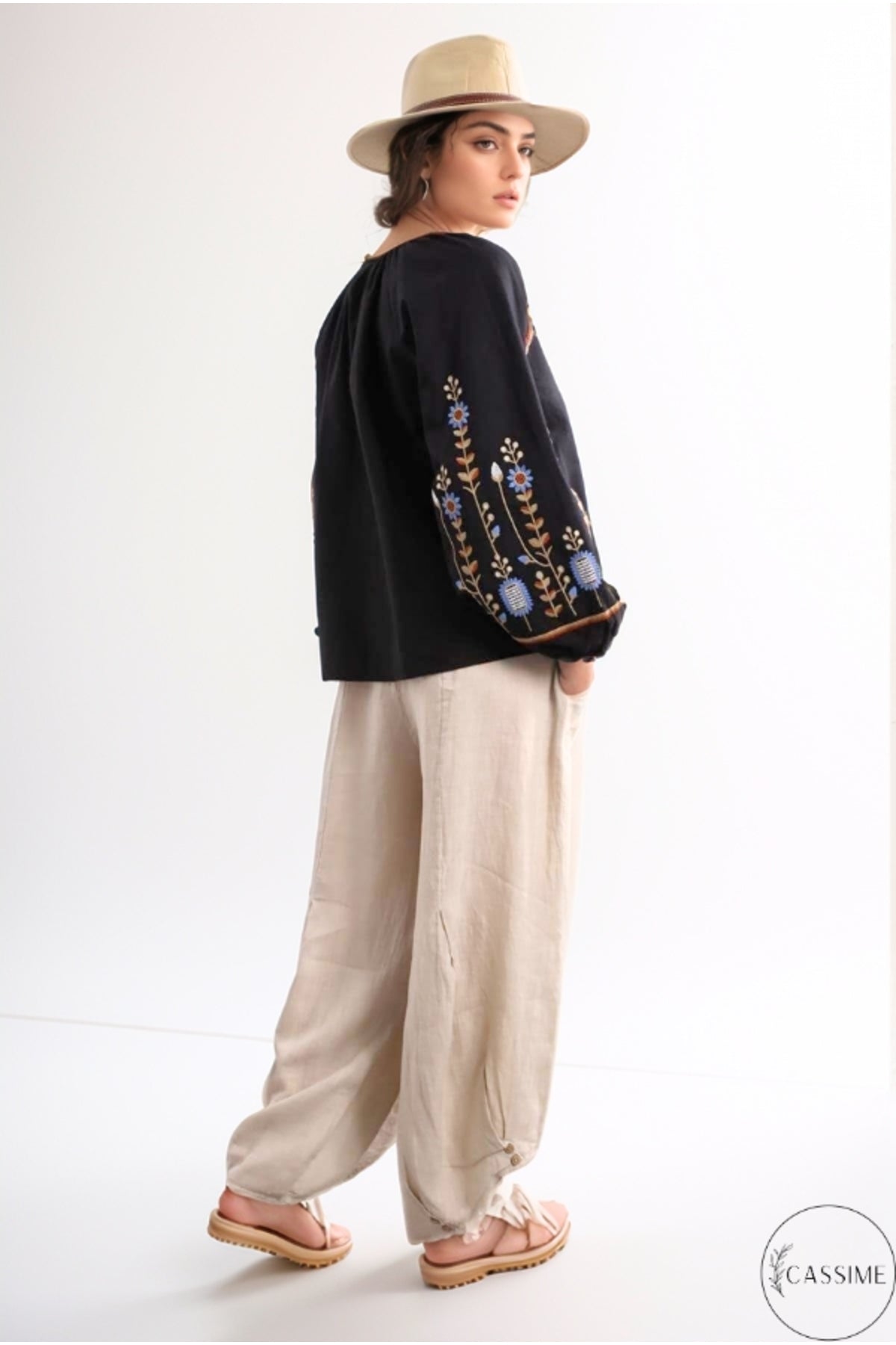 Frances Women's Cotton Embroidered Long Sleeve Blouse - Black